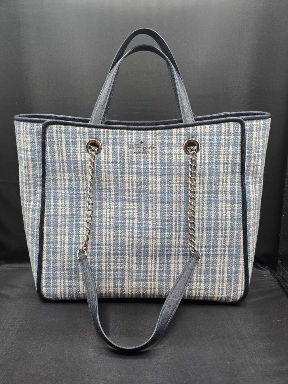 Kate Spade Large Triple Compartment Denim Tweed Tote K7303 Blue Multi